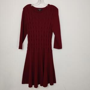 Nine West Burgundy Cable Knit Sweater Dress Fit & Flare 3/4 Sleeve XL